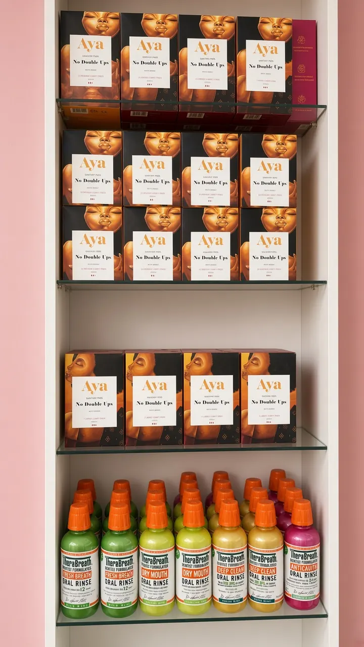 A full shelf of skincare at Skinlab