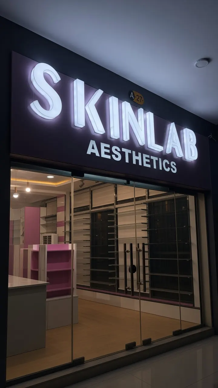 The Skinlab Aesthetics storefront at night